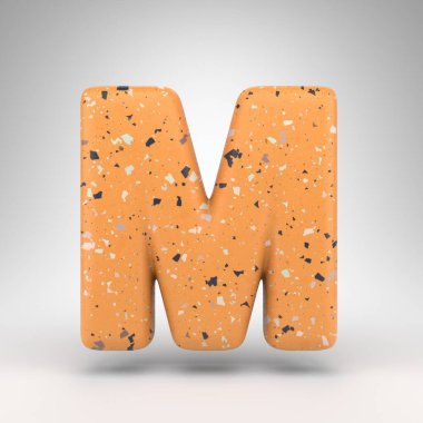 Beyaz arka planda M harfi büyük harf. Turuncu terrazzo desenli 3 boyutlu yazı tipi.