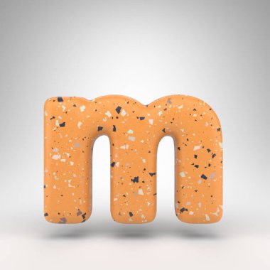 Beyaz arka planda M harfi küçük harf. Turuncu terrazzo desenli 3 boyutlu yazı tipi.