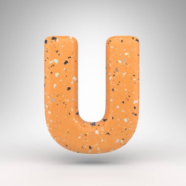 Beyaz arka planda büyük harf U. Turuncu terrazzo desenli 3 boyutlu yazı tipi.