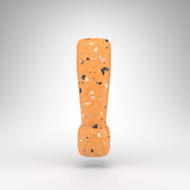 Beyaz arkaplanda ünlem işareti sembolü. Turuncu terrazzo desenli 3 boyutlu işaret..