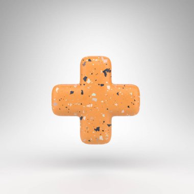 Artı beyaz arka planda bir sembol. Turuncu terrazzo desenli 3 boyutlu işaret..