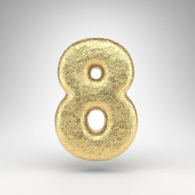 Beyaz arka planda 8 numara. Parlak metal desenli katlanmış 3D altın folyo..