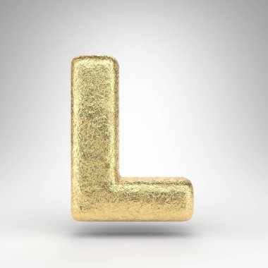 Beyaz arka planda büyük harf L. Parlak metal desenli kat kat altın folyo 3D yazı tipi.