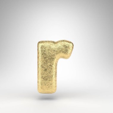 Beyaz arka planda R harfi küçük harf. Parlak metal desenli kat kat altın folyo 3D yazı tipi.