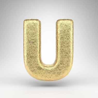 Beyaz arka planda büyük harf U. Parlak metal desenli kat kat altın folyo 3D yazı tipi.