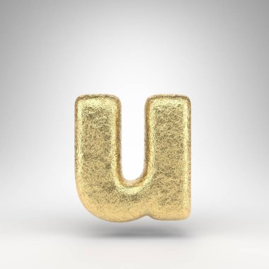 Beyaz arka planda U harfi. Parlak metal desenli kat kat altın folyo 3D yazı tipi.