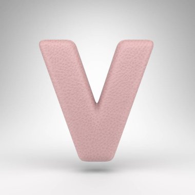 Beyaz arka planda V harfi büyük harf. Cilt dokusuna sahip pembe deri 3D yazı tipi.
