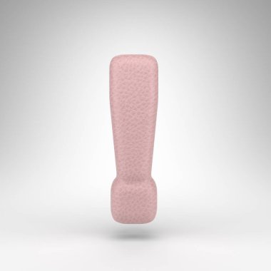 Beyaz arkaplanda ünlem işareti sembolü. Deri dokusuyla işlenmiş pembe deri 3D tabela.