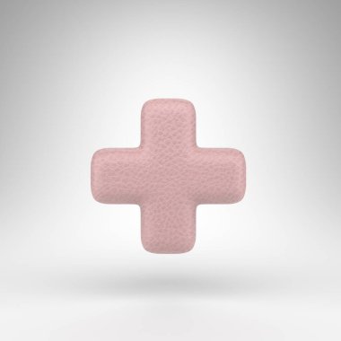 Artı beyaz arka planda bir sembol. Deri dokusuyla işlenmiş pembe deri 3D tabela.