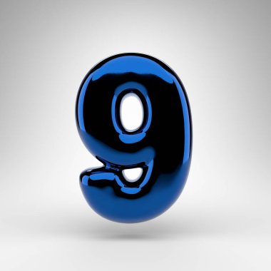 Beyaz arka planda 9 numara. Pırıl pırıl yüzeyi olan mavi krom 3D numara.