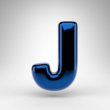 Beyaz arka planda büyük harfli J harfi. Parlak yüzeyi olan mavi krom 3D yazı tipi.