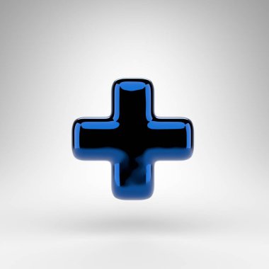 Artı beyaz arka planda bir sembol. Parlak yüzeyi olan mavi krom 3D işlemeli işaret..