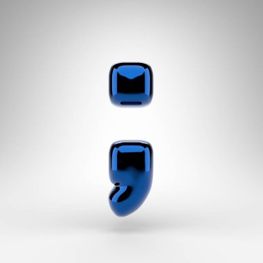 Beyaz arkaplanda noktalı virgül sembolü. Parlak yüzeyi olan mavi krom 3D işlemeli işaret..