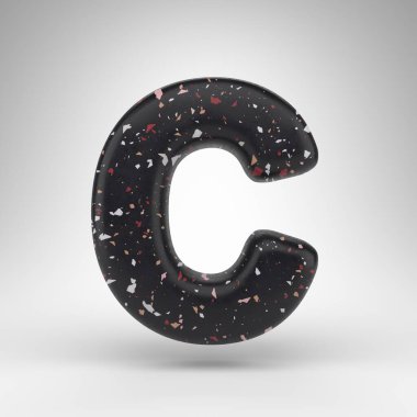 Beyaz arka planda büyük C harfi. Siyah terrazzo desenli 3 boyutlu yazı tipi.
