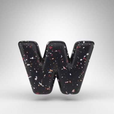 Beyaz arka planda W harfi küçük harf. Siyah terrazzo desenli 3 boyutlu yazı tipi.