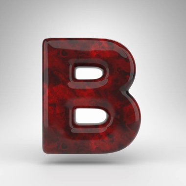Beyaz arka planda büyük harf B. Parlak yüzeyi olan kırmızı kehribar 3D harf.