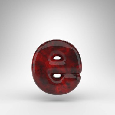 Beyaz arka planda E harfi küçük harf. Parlak yüzeyi olan kırmızı kehribar 3D harf.