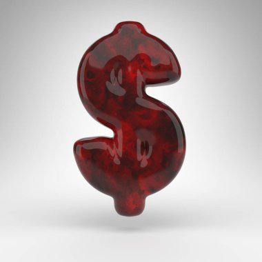 Beyaz arka planda dolar sembolü. Parlak yüzeyi olan kırmızı kehribar 3D işareti.
