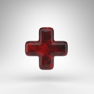 Artı beyaz arka planda bir sembol. Parlak yüzeyi olan kırmızı kehribar 3D işareti.