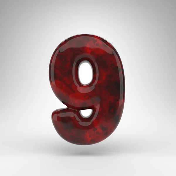 Numero 9 su sfondo bianco. Rosso ambra numero 3D con superficie lucida. — Foto Stock