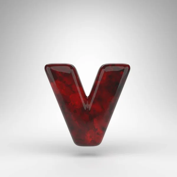 Beyaz arka planda V harfi küçük harf. Parlak yüzeyi olan kırmızı kehribar 3D harf. — Stok fotoğraf