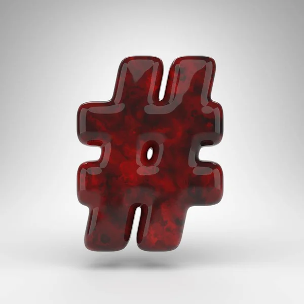 Hashtag szimbólum fehér háttérrel. Piros borostyán 3D tábla fényes felülettel. — Stock Fotó