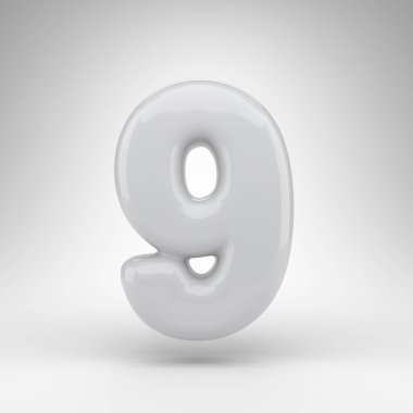 Beyaz arka planda 9 numara. Pırıl pırıl yüzeyi olan beyaz plastik 3B numara.