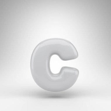 C harfi beyaz arka planda küçük harf. Parlak yüzeyi olan beyaz plastik 3D harf.