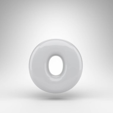 Beyaz arka planda O harfi küçük harf. Parlak yüzeyi olan beyaz plastik 3D harf.