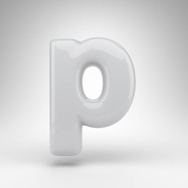 Beyaz arka planda P harfi küçük harf. Parlak yüzeyi olan beyaz plastik 3D harf.