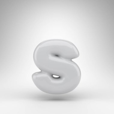 Beyaz arka planda S harfi küçük harf. Parlak yüzeyi olan beyaz plastik 3D harf.