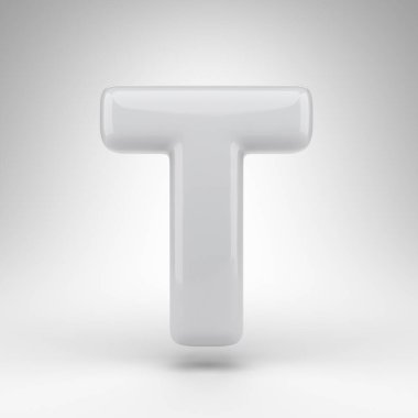 Beyaz arka planda büyük harf T. Parlak yüzeyi olan beyaz plastik 3D harf.