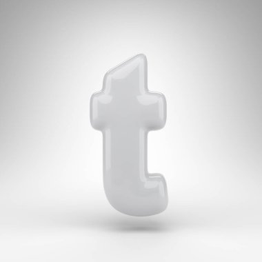 Beyaz arka planda küçük harfli T harfi. Parlak yüzeyi olan beyaz plastik 3D harf.