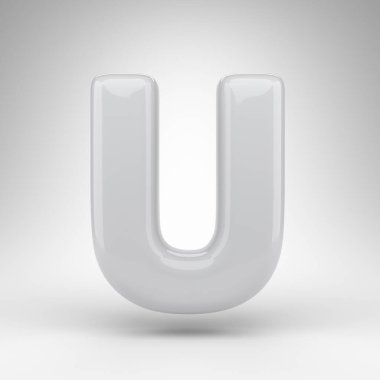 Beyaz arka planda büyük harf U. Parlak yüzeyi olan beyaz plastik 3D harf.