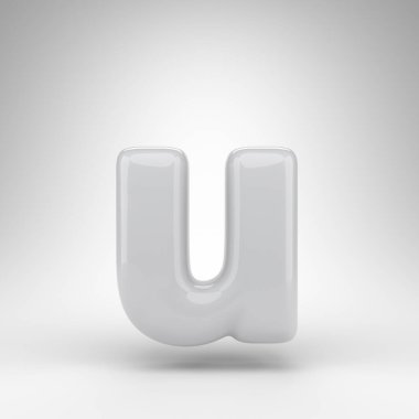 Beyaz arka planda U harfi. Parlak yüzeyi olan beyaz plastik 3D harf.