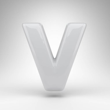Beyaz arka planda V harfi büyük harf. Parlak yüzeyi olan beyaz plastik 3D harf.