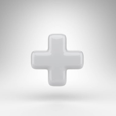 Artı beyaz arka planda bir sembol. Parlak yüzeyi olan beyaz plastik 3B tabela.