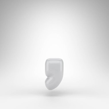 Beyaz arka planda koma sembolü. Parlak yüzeyi olan beyaz plastik 3B tabela.