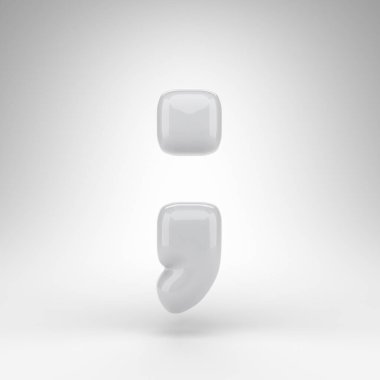 Beyaz arkaplanda noktalı virgül sembolü. Parlak yüzeyi olan beyaz plastik 3B tabela.