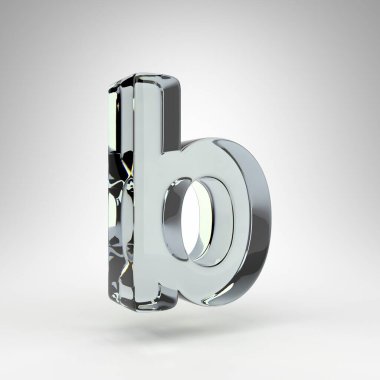 B harfi beyaz arka planda küçük harf. Kamera lensi şeffaf cam 3D harf ve dağılım.