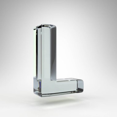 Beyaz arka planda büyük harf L. Kamera lensi şeffaf cam 3D harf ve dağılım.