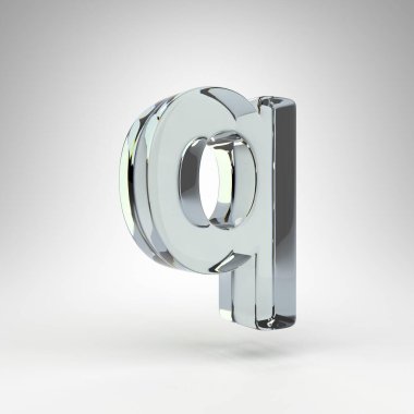 Beyaz arka planda Q harfi küçük harf. Kamera lensi şeffaf cam 3D harf ve dağılım.