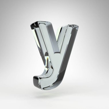 Beyaz arka planda Y harfi küçük harf. Kamera lensi şeffaf cam 3D harf ve dağılım.