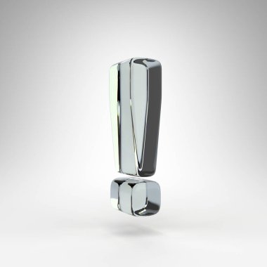 Beyaz arkaplanda ünlem işareti sembolü. Kamera lensi şeffaf cam 3D dağılım işareti.