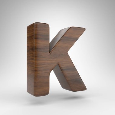 Beyaz arka planda K harfi büyük harf. Kahverengi ahşap desenli koyu meşe rengi bir harf..