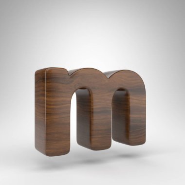 Beyaz arka planda M harfi küçük harf. Kahverengi ahşap desenli koyu meşe rengi bir harf..