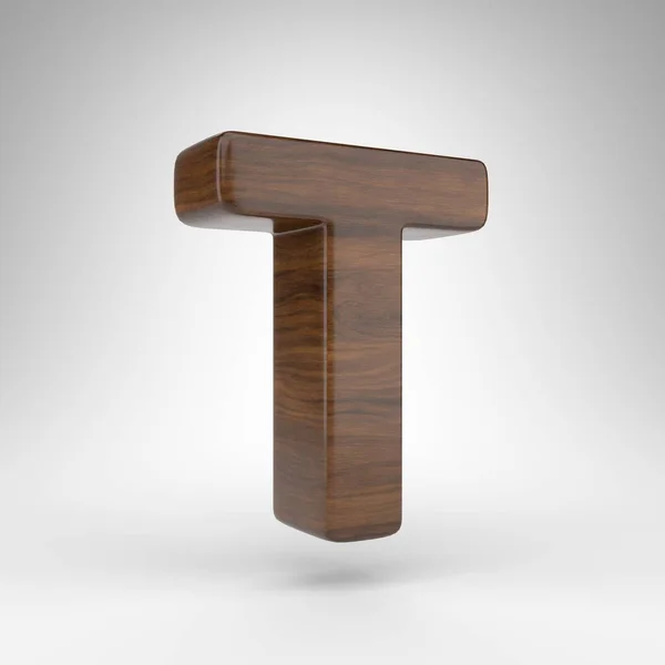 Буква T прописная на белом фоне. Дубовая 3D буква с коричневой текстурой дерева. — стоковое фото