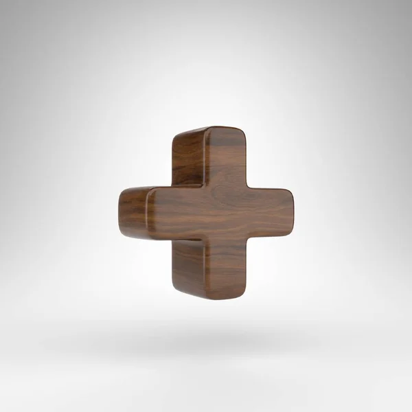 Плюс символ на белом фоне. Дубовый 3D знак с коричневой текстурой дерева. — стоковое фото