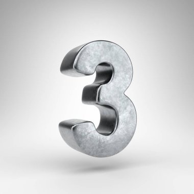 Beyaz arka planda 3 numara. Gun metal 3D işlenmemiş metal desenli numara.