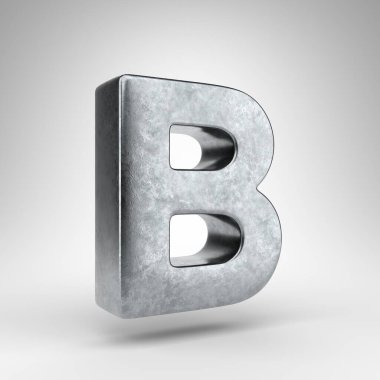 Beyaz arka planda büyük harf B. Sert metal desenli 3D Gun metali yazı tipi.